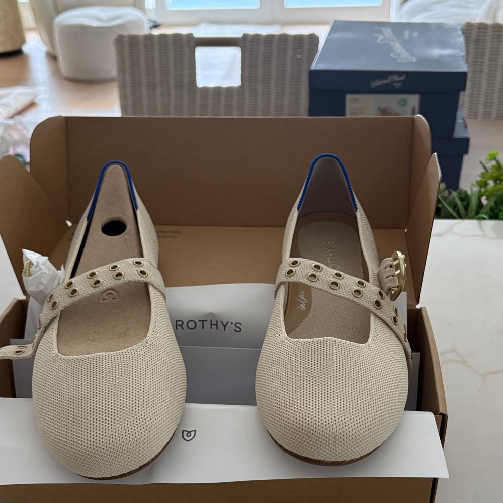 Rothy's Cream Mary Jane Flats with Blue Trim